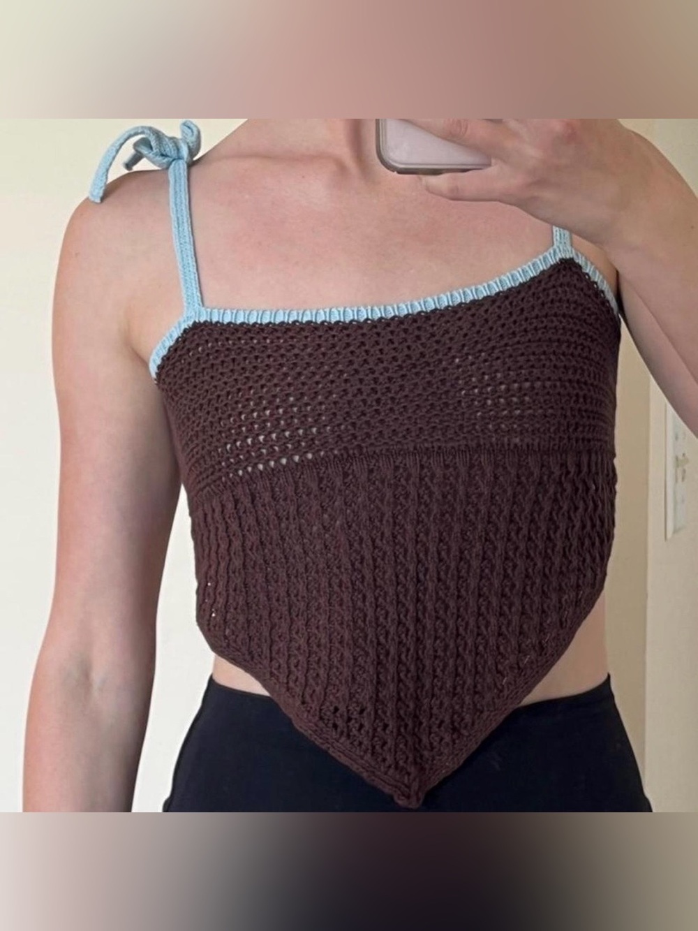 Urban Outfitters Brown Crochet Triangle Top with Blue Bow Straps